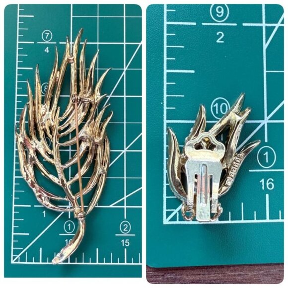 Vtg Doods Brooch & Earring Set Green Iridescent Rhinestones Gold Tone Statement - Picture 10 of 10